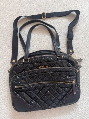 MZ Wallace Black Quilted Patent Satchel with Gold Hardware
